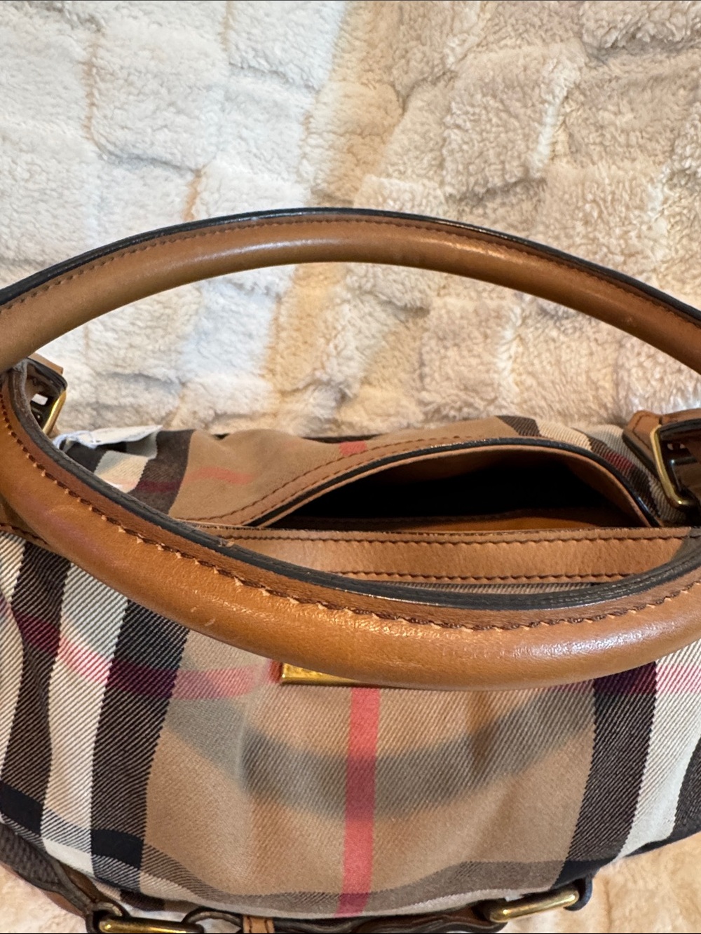 Burberry Beige Plaid and Brown Leather Satchel - Picture 3 of 15